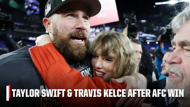 Video: Travis Kelce & Taylor Swift celebrate on field after Chiefs win AFC title ❤️ | NFL on ESPN